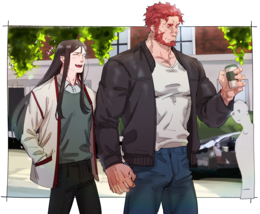 2boys =3 beard contemporary couple denim facial_hair fate/zero fate_(series) feet_out_of_frame holding_hands interlocked_fingers iskandar_(fate) jacket jeans jeje_(pixiv12541114) large_pectorals lord_el-melloi_ii male_focus mature_male multiple_boys muscular muscular_male open_clothes open_jacket pants pectoral_cleavage pectorals red_eyes red_hair shirt short_hair waver_velvet white_shirt winter_clothes yaoi