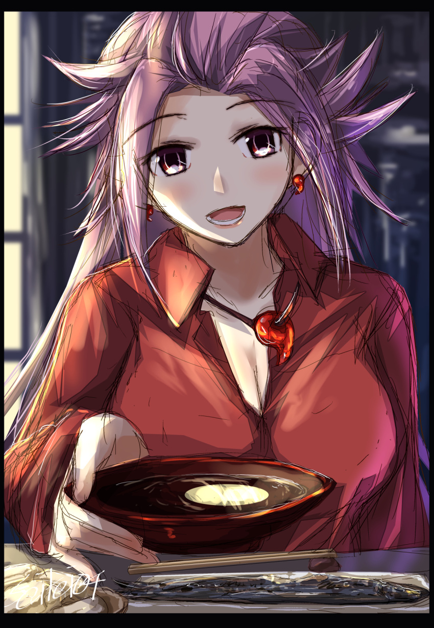 1girl alcohol blush breasts chopsticks cleavage cup dress_shirt eyebrows_visible_through_hair fish highres holding jewelry jun'you_(kancolle) kantai_collection large_breasts long_hair looking_at_viewer open_mouth purple_eyes purple_hair red_shirt sake seitei_(04seitei) shirt solo spiked_hair twitter_username upper_body window