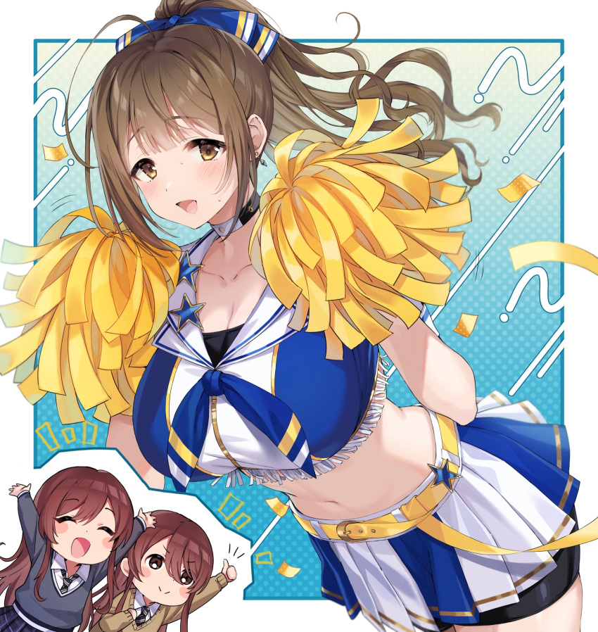 3girls ahoge bangs blush breasts brown_eyes brown_hair cheerleader choker cleavage collarbone highres holding holding_pom_poms idolmaster idolmaster_shiny_colors kuwayama_chiyuki large_breasts long_hair looking_at_viewer mizuki_makoto multiple_girls natsu_(nattiyann) oosaki_amana oosaki_tenka open_mouth pom_pom_(cheerleading) ponytail short_sleeves skirt smile