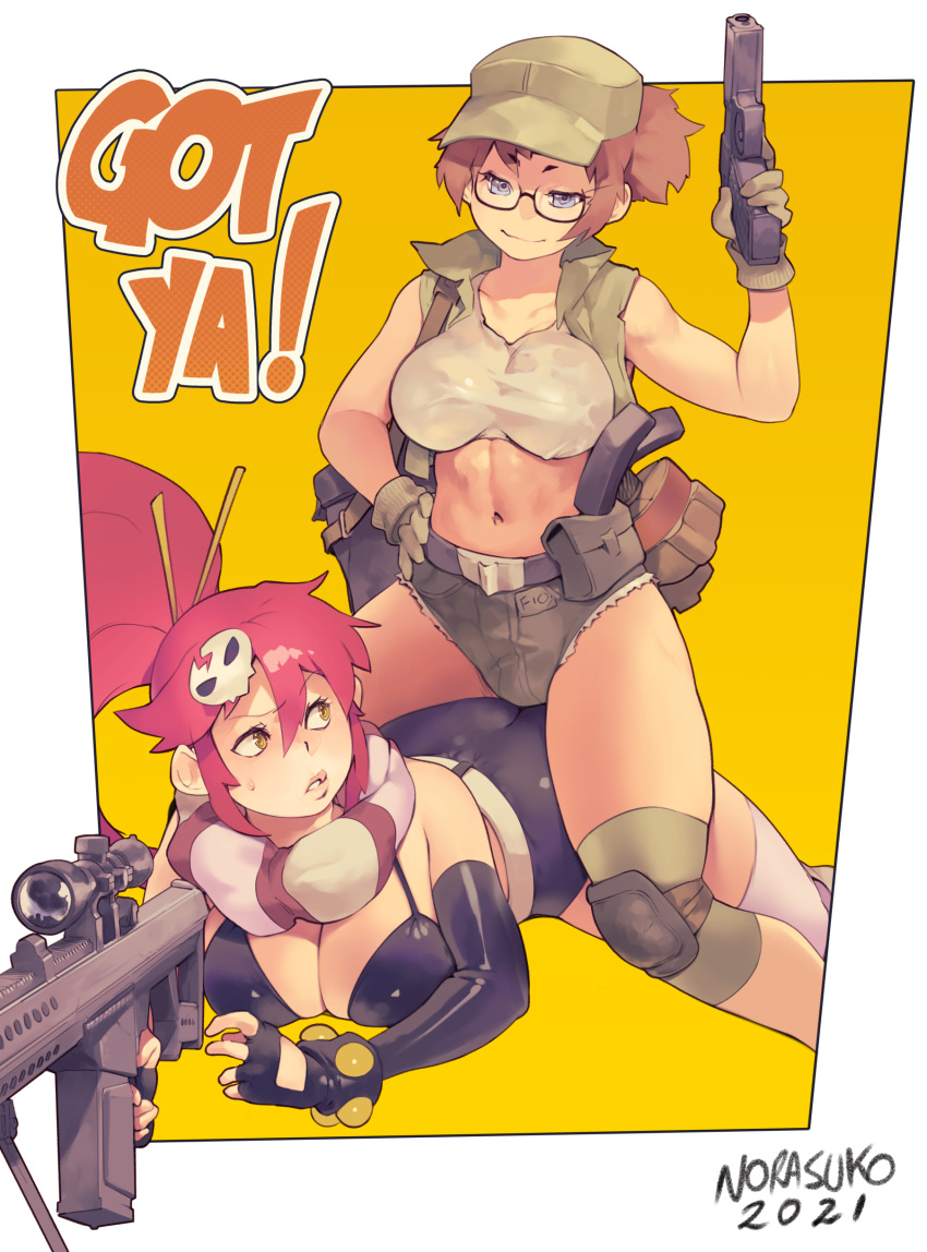 2girls absurdres anti-materiel_rifle artist_name bikini black-framed_eyewear black_shorts blue_eyes breasts brown_hair closed_mouth commentary crossover dated english_commentary fio_germi glasses green_headwear grey_shorts gun hair_between_eyes hair_ornament handgun hat highres holding holding_gun holding_weapon large_breasts long_hair looking_at_another lying metal_slug multiple_girls norasuko on_stomach pistol ponytail red_hair rifle scarf short_hair shorts simple_background sitting sitting_on_person skull_hair_ornament smile sniper_rifle straddling striped striped_scarf swimsuit tengen_toppa_gurren_lagann thighs two-tone_background weapon white_background yellow_background yellow_eyes yoko_littner