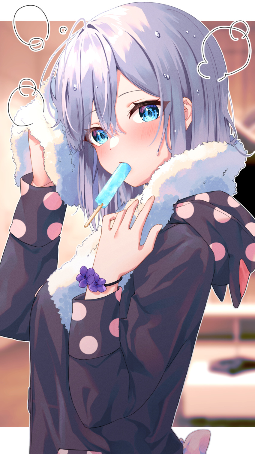 1girl alternate_costume amopui bangs black_hoodie blue_eyes blurry blurry_background blush drying drying_hair food from_side hair_between_eyes highres hood hoodie in_mouth kaga_sumire looking_at_viewer lupinus_virtual_games popsicle short_hair silver_hair solo towel upper_body virtual_youtuber vspo!