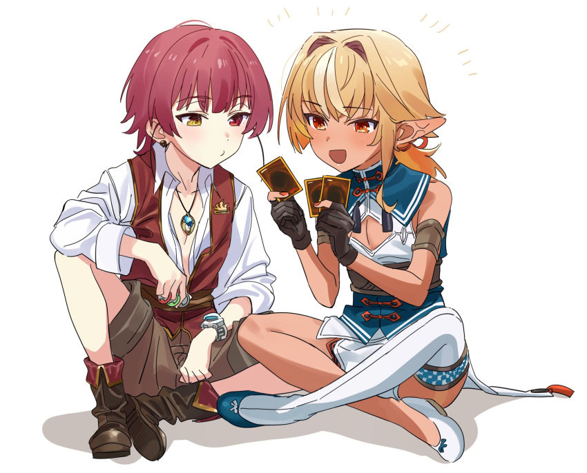 2boys black_gloves blonde_hair brown_shorts cleavage_cutout clothing_cutout commentary_request earrings elf genderswap genderswap_(ftm) gloves heterochromia highres hololive houshou_marine indian_style jewelry male_focus multiple_boys necklace open_mouth orange_eyes pendant pointy_ears ponytail red_eyes red_hair shiranui_flare shorts single_thighhigh sitting smile thighhighs trading_card vest virtual_youtuber watch wristwatch yellow_eyes yomosaka younger yu-gi-oh!