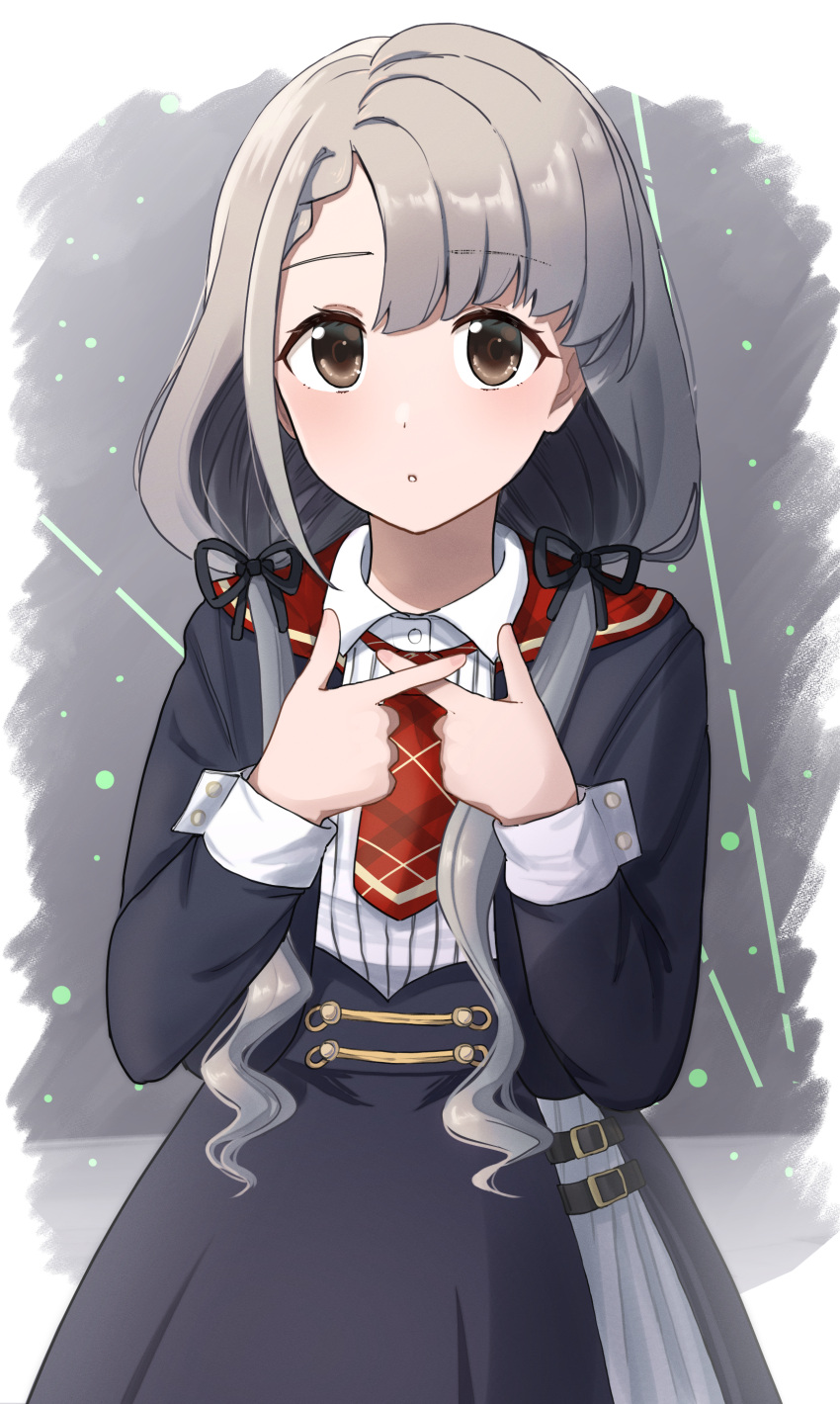 1girl absurdres bangs black_dress black_ribbon bow braid brown_eyes commentary cowboy_shot dress expressionless eyebrows_visible_through_hair grey_background hair_bow hair_ribbon hands_on_own_chest highres hisakawa_nagi idolmaster idolmaster_cinderella_girls idolmaster_cinderella_girls_starlight_stage long_hair long_sleeves looking_at_viewer low_twintails necktie nemu_(46_2367teimei) parted_lips plaid_necktie pointing red_necktie ribbon short_necktie side_braid silver_hair solo standing twintails very_long_hair w_arms x_fingers
