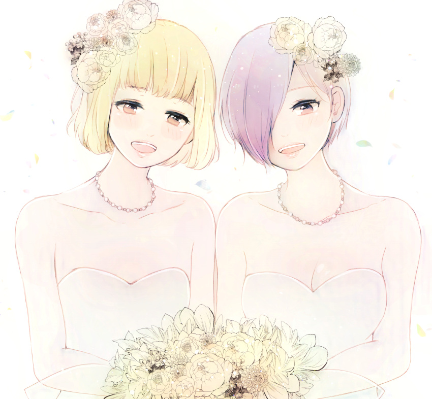 2girls :d absurdres bangs bare_shoulders blonde_hair blush bouquet breasts brown_eyes cleavage collarbone dress flower hair_flower hair_ornament hair_over_one_eye highres holding holding_bouquet jewelry kirishima_touka kosaka_yoriko large_breasts multiple_girls necklace open_mouth purple_hair short_hair simple_background smile teeth tokyo_ghoul toukaairab upper_body upper_teeth wedding_dress white_background white_flower yellow_flower