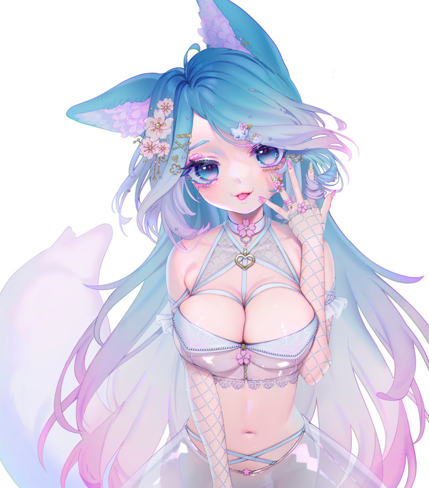 1girl absurdres animal_ears animal_hair_ornament bangs blue_eyes blue_hair breasts character_name cherry_blossoms chest_harness cleavage fishnets flower frills gradient_hair hair_flower hair_ornament hair_twirling hairclip harness highres large_breasts long_hair midriff multicolored_hair nail_art neko_neko_ne_katta no_panties parted_bangs pearl_(gemstone) pink_hair pink_nails see-through silvervale simple_background skirt tail tongue tongue_out very_long_hair vshojo white_background white_nails wolf_ears wolf_girl wolf_tail