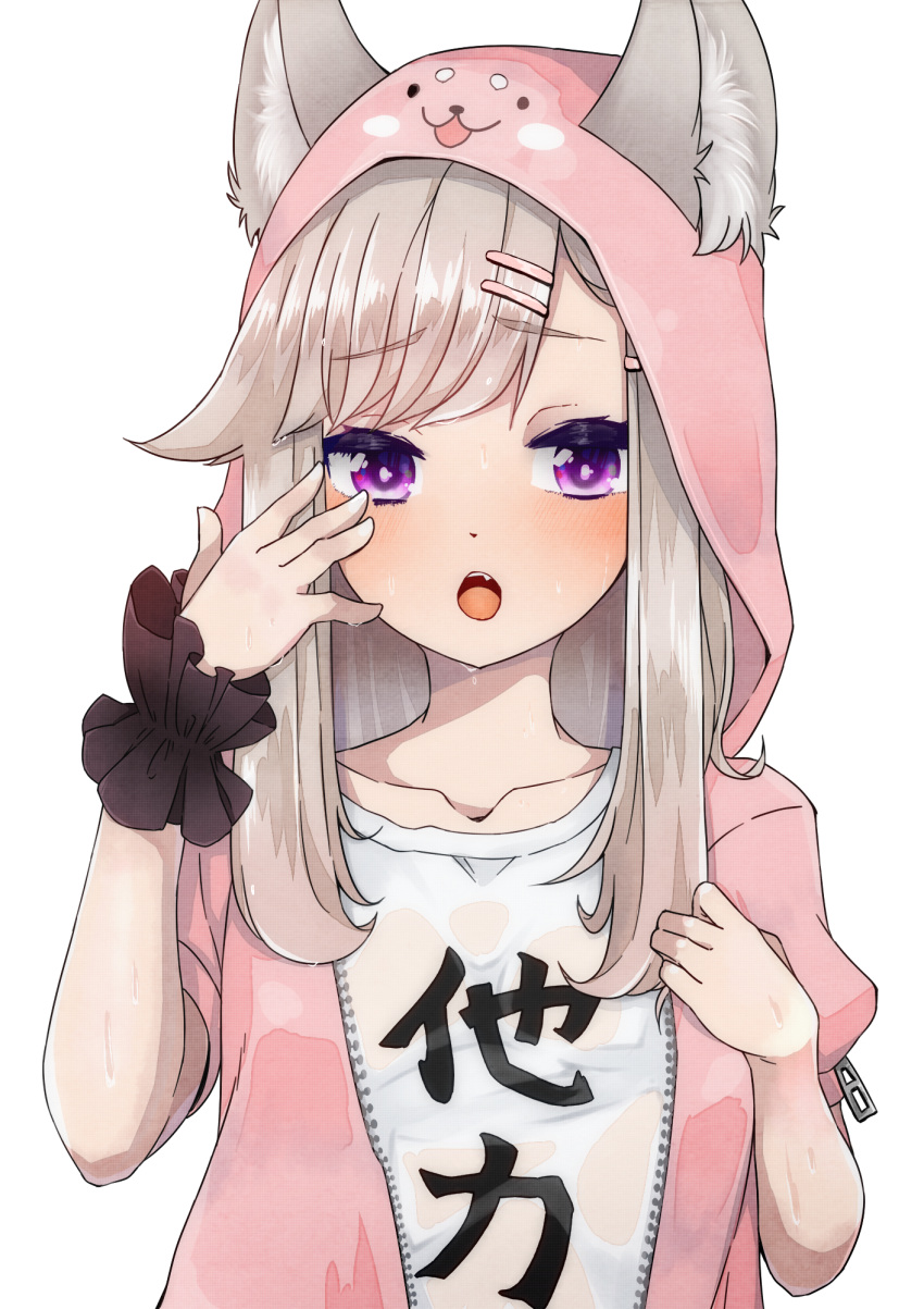 1girl animal_ear_fluff animal_ears animare ears_through_headwear fox_ears fox_girl hair_ornament hairclip highres hood hood_up hoodie islandz open_clothes open_hoodie open_mouth purple_eyes shiromiya_mimi shirt short_sleeves single_wrist_cuff transparent_background unzipped wet wet_clothes wet_hair wet_shirt wrist_cuffs