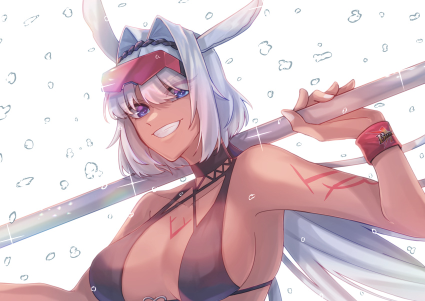 1girl absurdres animal_ears bangs bare_shoulders bikini black_bikini black_hairband blue_eyes body_markings boureisakura breasts caenis_(fate) caenis_(swimsuit_rider)_(fate) cleavage collarbone eyebrows_visible_through_hair eyes_visible_through_hair eyewear_on_head fate/grand_order fate_(series) grin hair_between_eyes hairband harpoon highres large_breasts long_hair looking_at_viewer nail_polish smile solo sunglasses swimsuit very_long_hair water_drop white_hair white_nails wristband