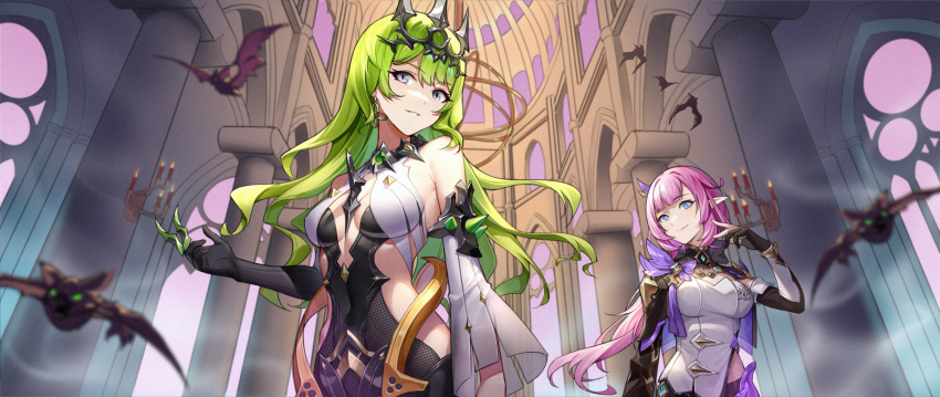 2girls bangs bare_shoulders bat black_dress breasts cathedral cleavage closed_mouth dress elysia_(honkai_impact) green_eyes green_hair grin hair_between_eyes hair_ornament headpiece highres honkai_(series) honkai_impact_3rd indoors large_breasts long_hair medium_breasts mobius_(honkai_impact) multiple_girls open_mouth pink_sky pointy_ears ponytail sleeveless sleeveless_dress smile teeth yin_lan_xue