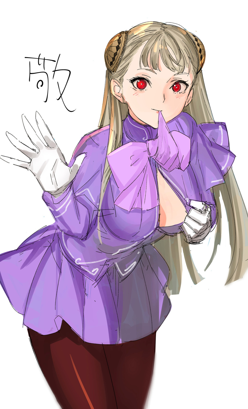 1girl absurdres breasts brown_legwear capcom_fighting_jam commentary_request gloves hairpods highres ingrid_(capcom) jacket long_hair looking_at_viewer mouth_hold open_clothes open_shirt pantyhose partially_unbuttoned platinum_blonde_hair pleated_skirt purple_jacket purple_ribbon purple_skirt red_eyes ribbon ribbon_in_mouth skirt solo standing tetsu_(kimuchi) unbuttoned unbuttoned_shirt white_gloves