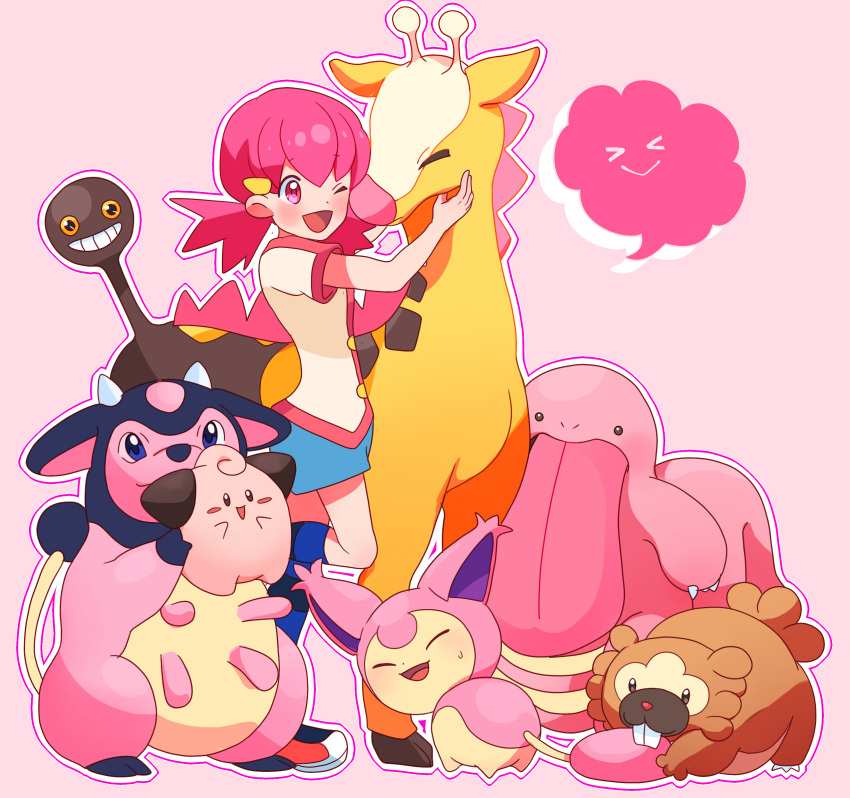 1girl ;d bad_id bad_pixiv_id bidoof blue_legwear blush buttons cleffa girafarig hair_ornament hairclip highres jacket leg_up lickitung long_hair miltank nishikawa_(fe) one_eye_closed open_mouth pink_background pink_hair pokemon pokemon_(creature) pokemon_(game) pokemon_hgss shoes short_shorts short_sleeves shorts simple_background skitty smile socks standing standing_on_one_leg sweatdrop tongue twintails white_jacket whitney_(pokemon)