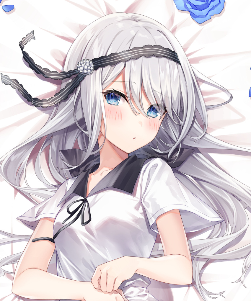 1girl absurdres arm_up bangs bed_sheet black_hairband black_ribbon blue_eyes blue_flower blue_rose blush breasts collarbone commentary_request cropped dakimakura_(medium) dress eyebrows_behind_hair flower furrowed_brow hair_between_eyes hair_ornament hairband hand_up highres kaguya-sama_wa_kokurasetai_~tensai-tachi_no_renai_zunousen~ long_hair looking_at_viewer lying medium_breasts neck_ribbon parted_lips petals ribbon rose rose_petals sailor_collar sample school_uniform second-party_source shirogane_kei short_sleeves shuuchiin_academy_uniform silver_hair solo summer_uniform swept_bangs tareme teeth two-tone_dress upper_body white_dress yuya_(night_lily)