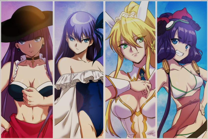 4girls abs ahoge animal_ears aoba_(smartbeat) artoria_pendragon_(fate) artoria_pendragon_(swimsuit_ruler)_(fate) bangs bare_shoulders belt bikini black_bikini black_headwear blonde_hair blue_eyes blue_necktie blue_ribbon blunt_bangs blush braid breasts choker cleavage closed_mouth clothing_cutout collarbone cross cross_choker detached_collar fate/grand_order fate_(series) french_braid frills goggles goggles_on_head green_eyes grin hair_between_eyes hair_ornament hair_ribbon hat highleg highleg_leotard highleg_swimsuit highres katsushika_hokusai_(fate) katsushika_hokusai_(swimsuit_saber)_(fate) large_breasts leotard long_hair long_sleeves looking_at_viewer martha_(fate) martha_(swimsuit_ruler)_(fate) medium_breasts meltryllis_(fate) meltryllis_(swimsuit_lancer)_(fate) multiple_girls navel navel_cutout necktie obi off-shoulder_one-piece_swimsuit off_shoulder one-piece_swimsuit playboy_bunny ponytail puffy_sleeves purple_hair rabbit_ears ribbon sarong sash sidelocks sleeves_past_fingers sleeves_past_wrists small_breasts smile sun_hat swimsuit thighs tiara very_long_hair white_bikini white_leotard wrist_cuffs