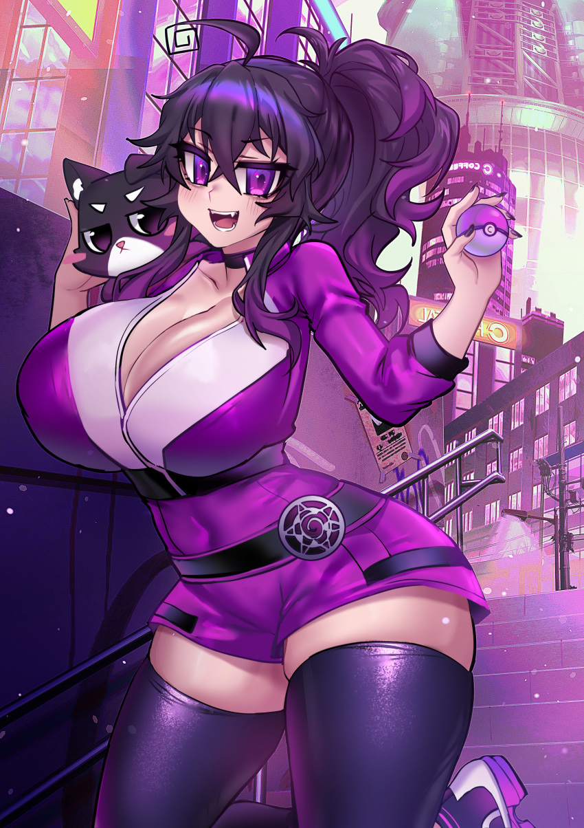 1girl absurdres ahoge alternate_costume alternate_hairstyle black_nails breasts cat city cityscape cleavage crawling_dreams female_protagonist_(pokemon_go) ghast_(osiimi) highres huge_breasts jacket merryweather nyarla_(osiimi) open_mouth osiimi poke_ball pokemon pokemon_(game) pokemon_go pokemon_tower ponytail purple_eyes purple_footwear purple_hair purple_jacket purple_shorts shoes short_shorts shorts sneakers stairs stairwell thick_thighs thighs