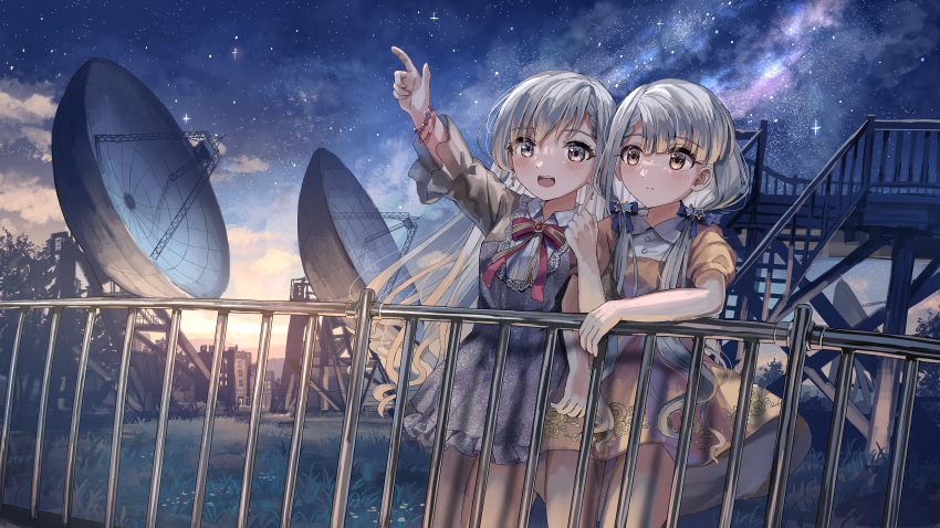 2girls :d absurdres alternate_eye_color bangs blue_ribbon blush bow bowtie bracelet braid brown_eyes closed_eyes cloud commentary curled_fingers dress dusk earth_(planet) expressionless eyebrows_visible_through_hair grass hair_ribbon hand_on_railing highres hisakawa_hayate hisakawa_nagi idolmaster idolmaster_cinderella_girls idolmaster_cinderella_girls_starlight_stage jewelry locked_arms long_hair milky_way multiple_girls nemu_kotatsu night night_sky observation_deck observatory open_mouth outdoors pink_dress planet pointing purple_dress radio_antenna railing red_bow red_bowtie ribbon short_sleeves siblings side-by-side side_braid silver_hair sisters sky smile stairs standing star_(sky) star_(symbol) starry_sky twins very_long_hair wavy_hair