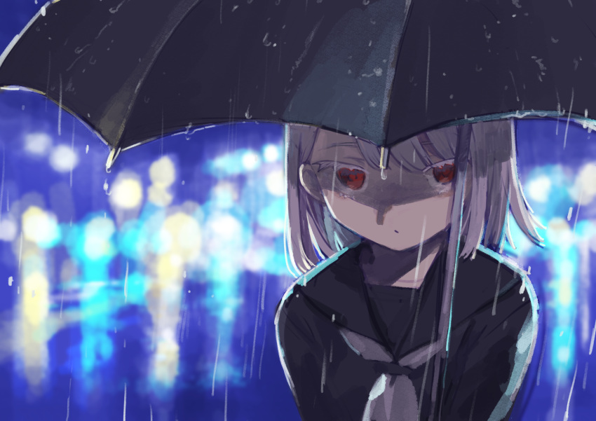 1girl bangs black_sailor_collar black_shirt black_umbrella blurry blurry_background brown_eyes closed_mouth colored_eyelashes commentary_request depth_of_field eyebrows_behind_hair grey_hair grey_neckwear highres karamomo looking_at_viewer original rain sailor_collar school_uniform serafuku shirt solo umbrella upper_body wet