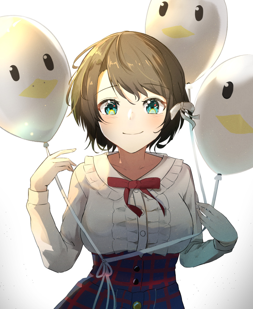 1girl balloon bangs blue_eyes blue_skirt blush bow brown_hair closed_mouth commentary english_commentary eyebrows_visible_through_hair frilled_shirt frilled_shirt_collar frills hair_bow highres holding holding_balloon hololive long_sleeves looking_at_viewer oozora_subaru plaid plaid_skirt red_bow shirt short_hair shuuzo3 simple_background skirt smile solo subaru_duck upper_body virtual_youtuber white_background white_bow white_shirt
