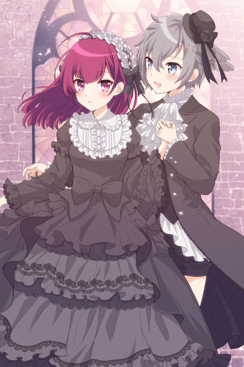 2girls black_bow black_dress black_headwear bow chiwa_(chiwawanwan1206) cross dress gothic grey_hair highres jewelry magia_record:_mahou_shoujo_madoka_magica_gaiden mahou_shoujo_madoka_magica medium_hair multiple_girls red_hair ring shinobu_akira_(magia_record) short_hair tokiwa_nanaka yuri