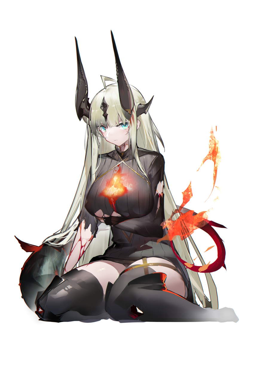 1girl absurdres ahoge arknights arm_under_breasts black_dress black_legwear black_sweater blonde_hair blood blue_eyes breasts chinese_commentary closed_mouth commentary_request dragon_girl dragon_horns dragon_tail dress fire full_body highres horns large_breasts light_in_heart long_hair long_sleeves looking_at_viewer reed_(arknights) simple_background sitting solo sweater sweater_dress tail tail-tip_fire thighhighs torn_clothes torn_dress torn_sweater underboob very_long_hair wariza white_background yushi_quetzalli