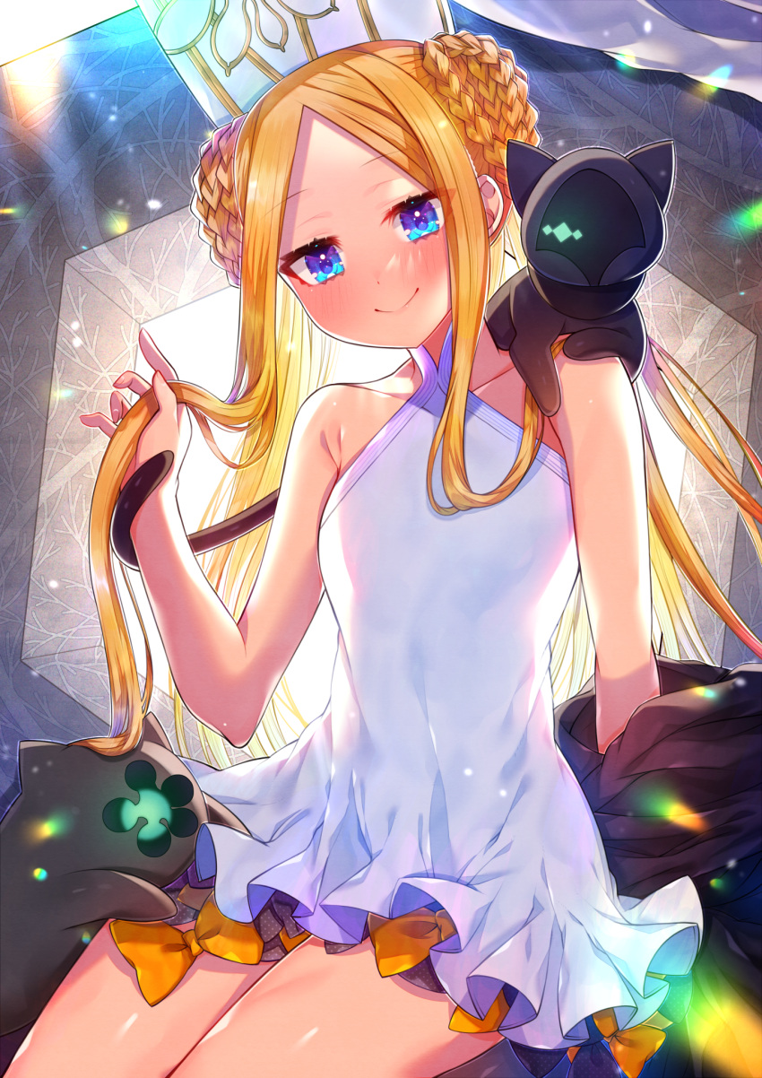 1girl abigail_williams_(fate) abigail_williams_(swimsuit_foreigner)_(fate) akirannu backlighting bangs bare_shoulders black_bow black_cat blonde_hair blue_eyes bow braid braided_bun breasts cat double_bun dress_swimsuit fate/grand_order fate_(series) forehead highres long_hair mitre multiple_bows orange_bow parted_bangs sidelocks small_breasts smile swimsuit twintails very_long_hair white_headwear white_swimsuit