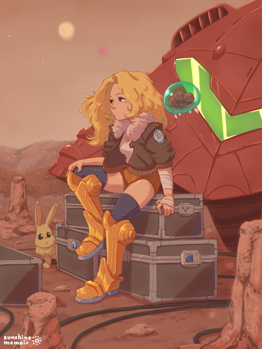 1girl armored_boots bandages black_legwear blonde_hair blue_eyes bomber_jacket boots cable crate desert highres jacket khiuly metroid metroid_(creature) orange_legwear orange_shorts pyonchi samus's_gunship samus_aran short_shorts shorts star_(sky)