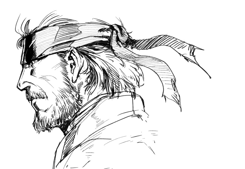 1boy beard big_boss eyepatch facial_hair from_side greyscale headband hikichi_sakuya male_focus mature_male metal_gear_(series) metal_gear_solid monochrome mustache old old_man short_hair sketch solo unfinished wrinkled_skin