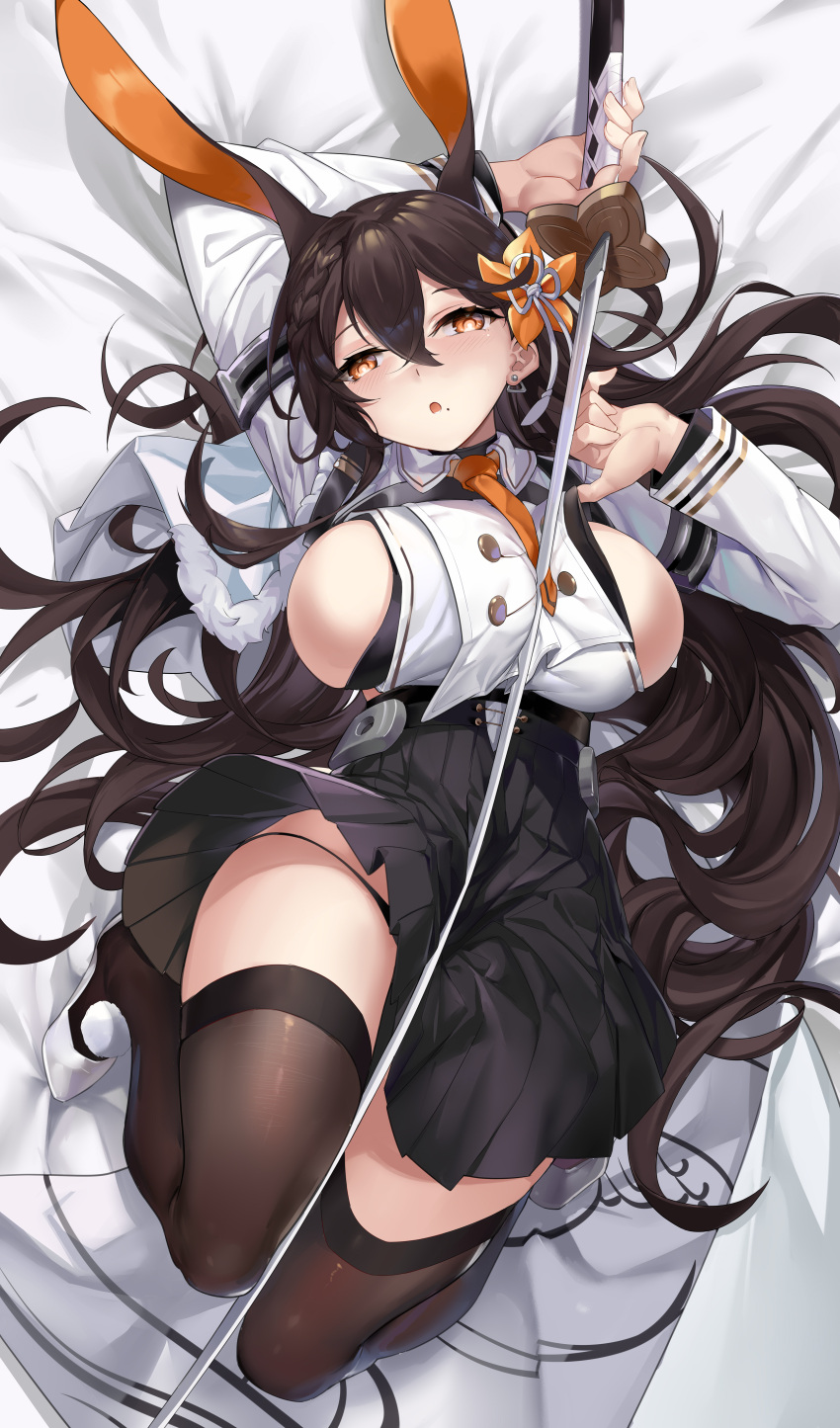 1girl 463_jun absurdres animal_ears arm_up azur_lane bangs black_legwear black_panties black_skirt braid breasts brown_hair chikuma_(azur_lane) earrings hair_between_eyes hair_ornament highres holding holding_sword holding_weapon jewelry katana large_breasts long_hair long_sleeves looking_at_viewer lying mole mole_under_mouth necktie on_back open_mouth orange_eyes orange_necktie panties panty_straps pleated_skirt rabbit_ears sideboob sidelocks single_braid skirt solo sword thighhighs underwear weapon zettai_ryouiki