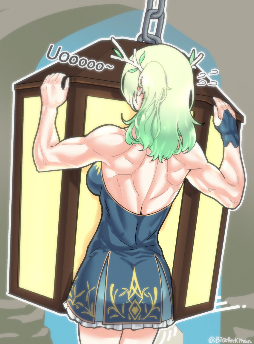 1girl bigforkman branch ceres_fauna chain dress exercise gloves green_hair highres hololive hololive_english human:_fall_flat lantern long_hair muscular muscular_female pullups single_glove solo toned virtual_youtuber