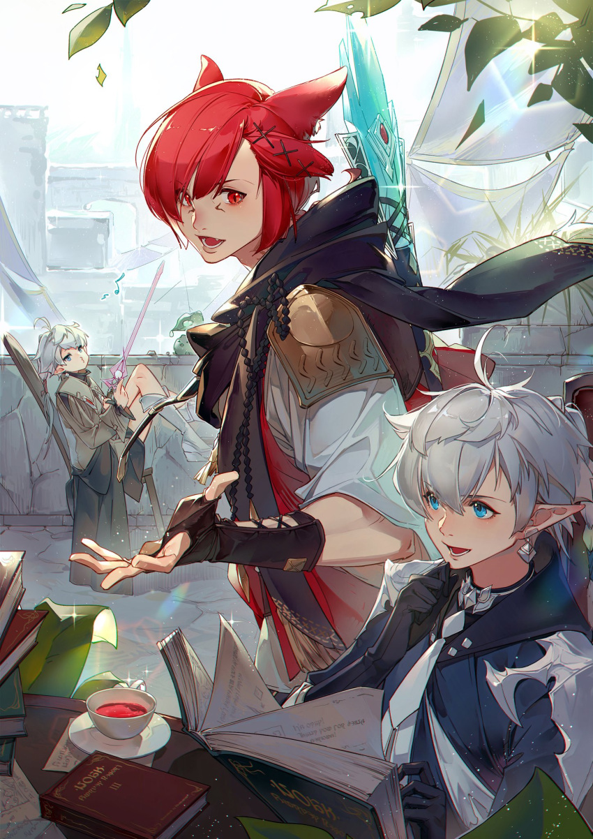 1girl 2boys ahoge alisaie_leveilleur alphinaud_leveilleur animal_ears armor bangs beige_coat black_coat black_gloves blue_coat blue_eyes book book_stack boots bow_(weapon) cat_boy cat_ears chair coat crow0cc cup earrings elezen elf facial_tattoo fang final_fantasy final_fantasy_xiv g'raha_tia gloves hair_ornament hand_on_own_chin highres holding holding_sword holding_weapon humming jewelry knee_boots leaf male_focus miqo'te multiple_boys musical_note open_book open_mouth outstretched_hand pointy_ears quiver red_eyes red_hair shirt short_hair shoulder_armor sitting slit_pupils sparkle stone sword table tattoo vambraces weapon white_footwear white_hair white_shirt x_hair_ornament