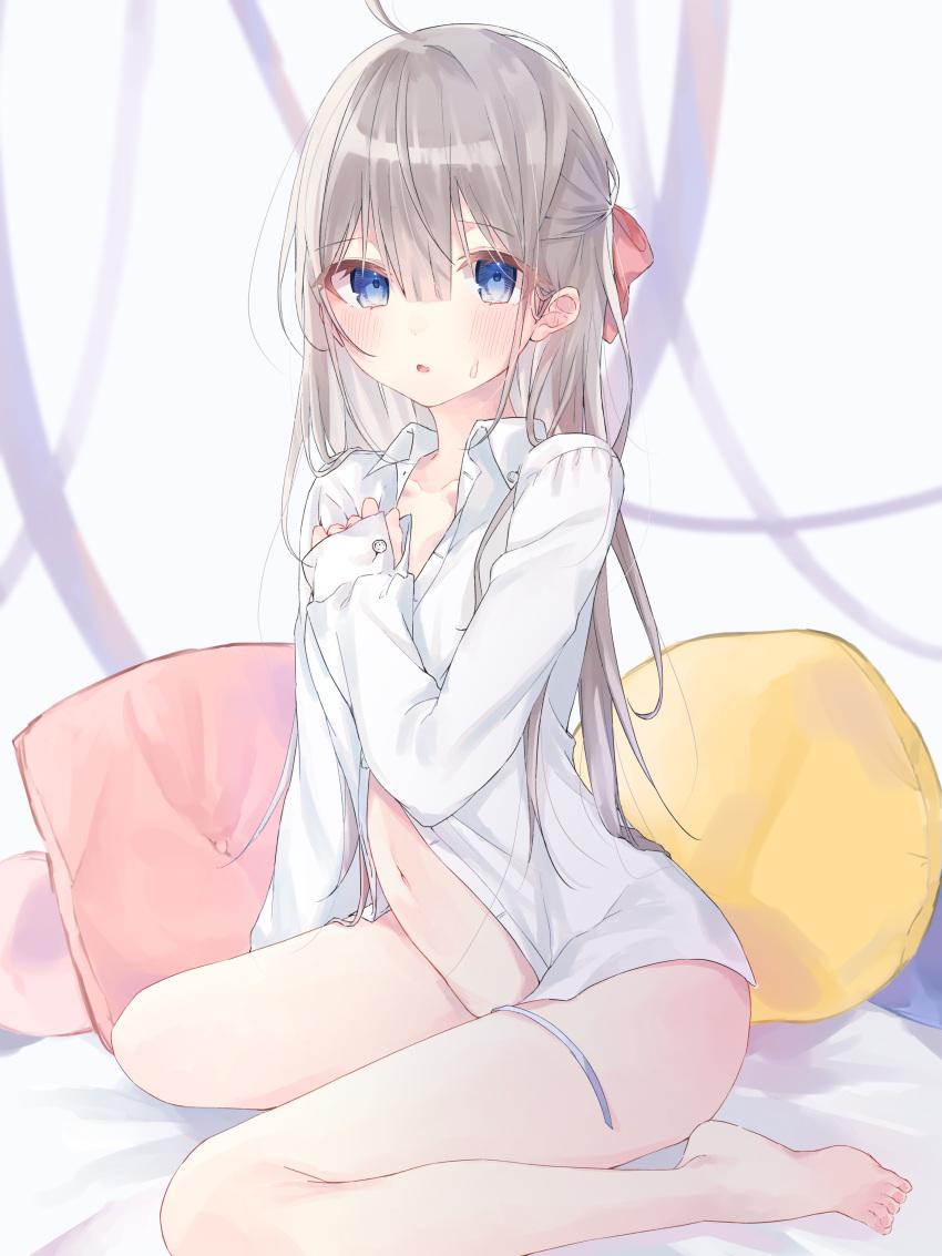 1girl absurdres bangs bare_legs barefoot blue_eyes blush borrowed_garments bottomless dress_shirt hair_between_eyes highres long_hair looking_at_viewer naked_shirt navel no_panties no_pants open_mouth original pillow ribbon riri_(ri0177) shirt silver_hair sitting solo wariza