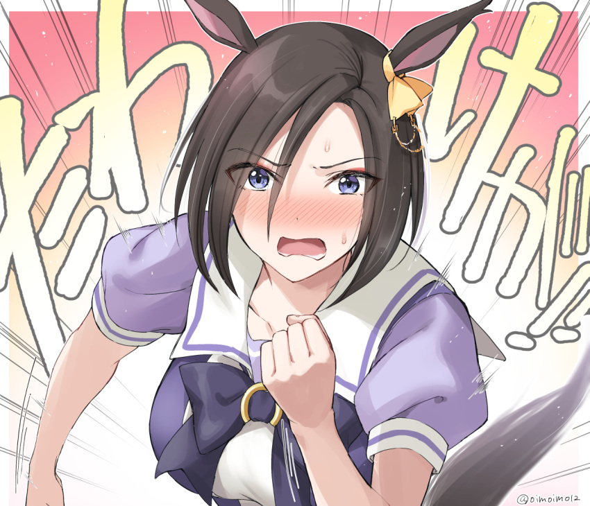 1girl air_groove_(umamusume) animal_ears background_text bangs black_bow black_hair blue_eyes blush bow breasts clenched_hand collarbone commentary_request eyebrows_visible_through_hair hair_between_eyes hand_up horse_ears horse_girl horse_tail medium_breasts nose_blush oimo open_mouth parted_bangs puffy_short_sleeves puffy_sleeves purple_shirt school_uniform shirt short_hair short_sleeves solo sweat tail tracen_school_uniform translation_request twitter_username umamusume upper_body wavy_mouth