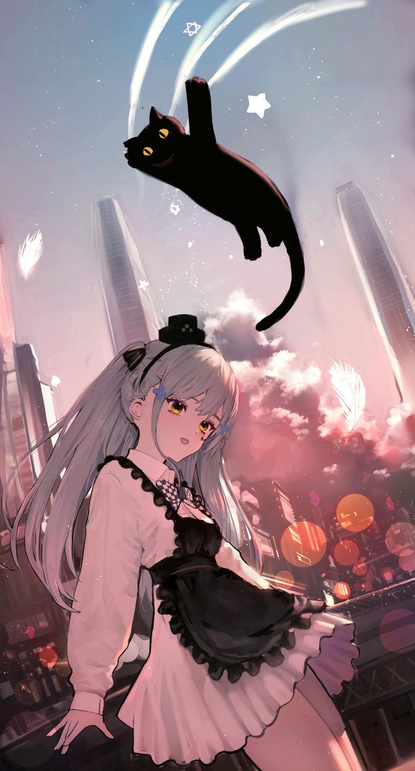 1girl :o absurdres ah_(pixiv62888100) apron bangs black_apron black_headwear bow bowtie cat city crossed_bangs dress eyebrows_visible_through_hair facial_mark feet_out_of_frame flying girls'_frontline hat highres hk416_(girls'_frontline) light_blue_hair long_hair mini_hat open_mouth scenery solo standing teardrop teardrop_facial_mark teardrop_tattoo white_dress yellow_eyes