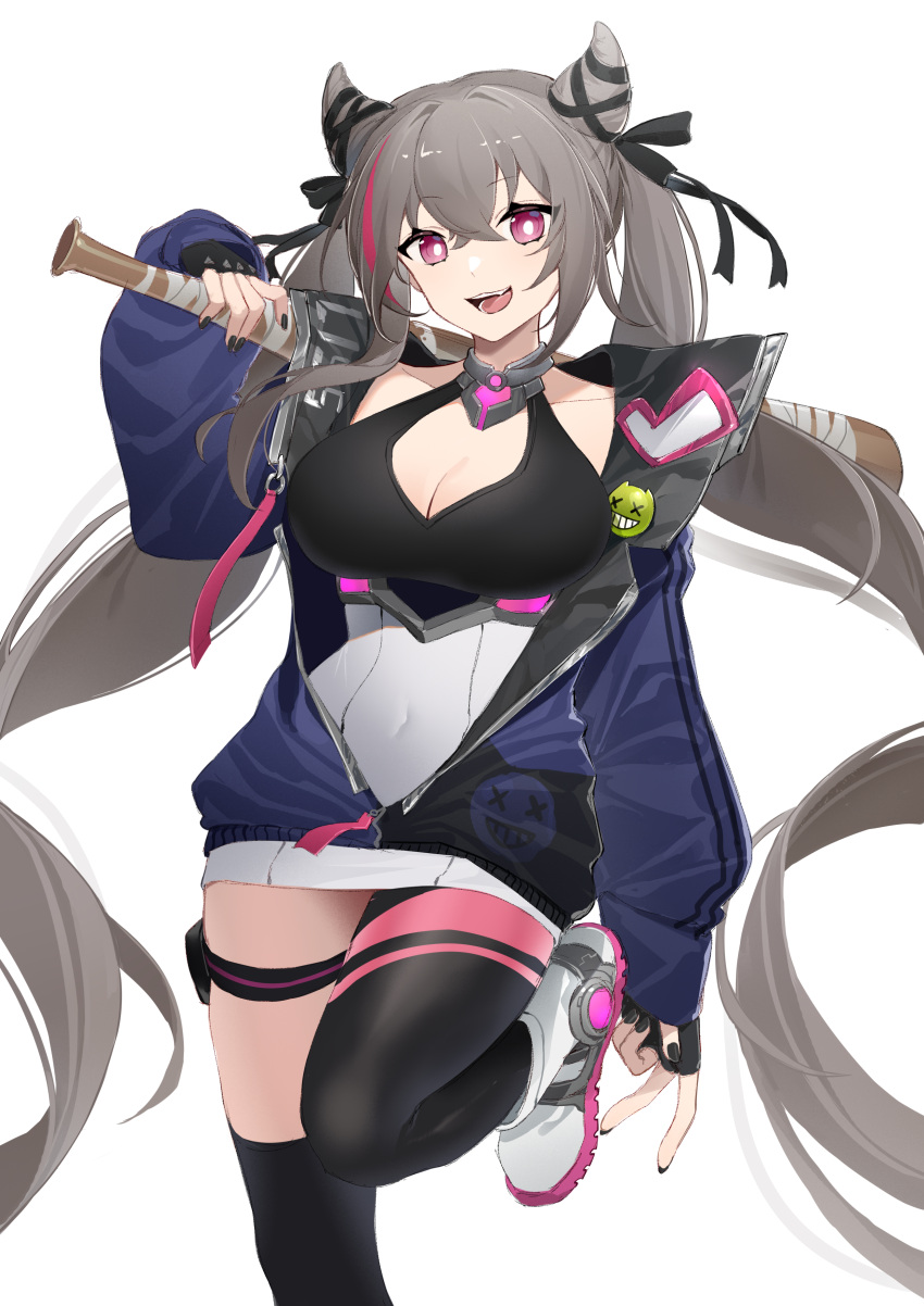 1girl absurdly_long_hair absurdres asymmetrical_legwear azur_lane baseball_bat black_dress black_gloves black_legwear black_nails black_ribbon blue_jacket boots breasts cleavage covered_navel dress fingerless_gloves gloves grey_hair hair_horns hair_ribbon highres jacket leg_up long_hair looking_at_viewer microdress multicolored_hair nail_polish open_clothes open_jacket open_mouth purple_eyes purple_hair ribbon san_francisco_(azur_lane) shibuya_(kurokamishain) simple_background single_thighhigh solo streaked_hair thighhighs twintails two-tone_hair very_long_hair white_background white_dress
