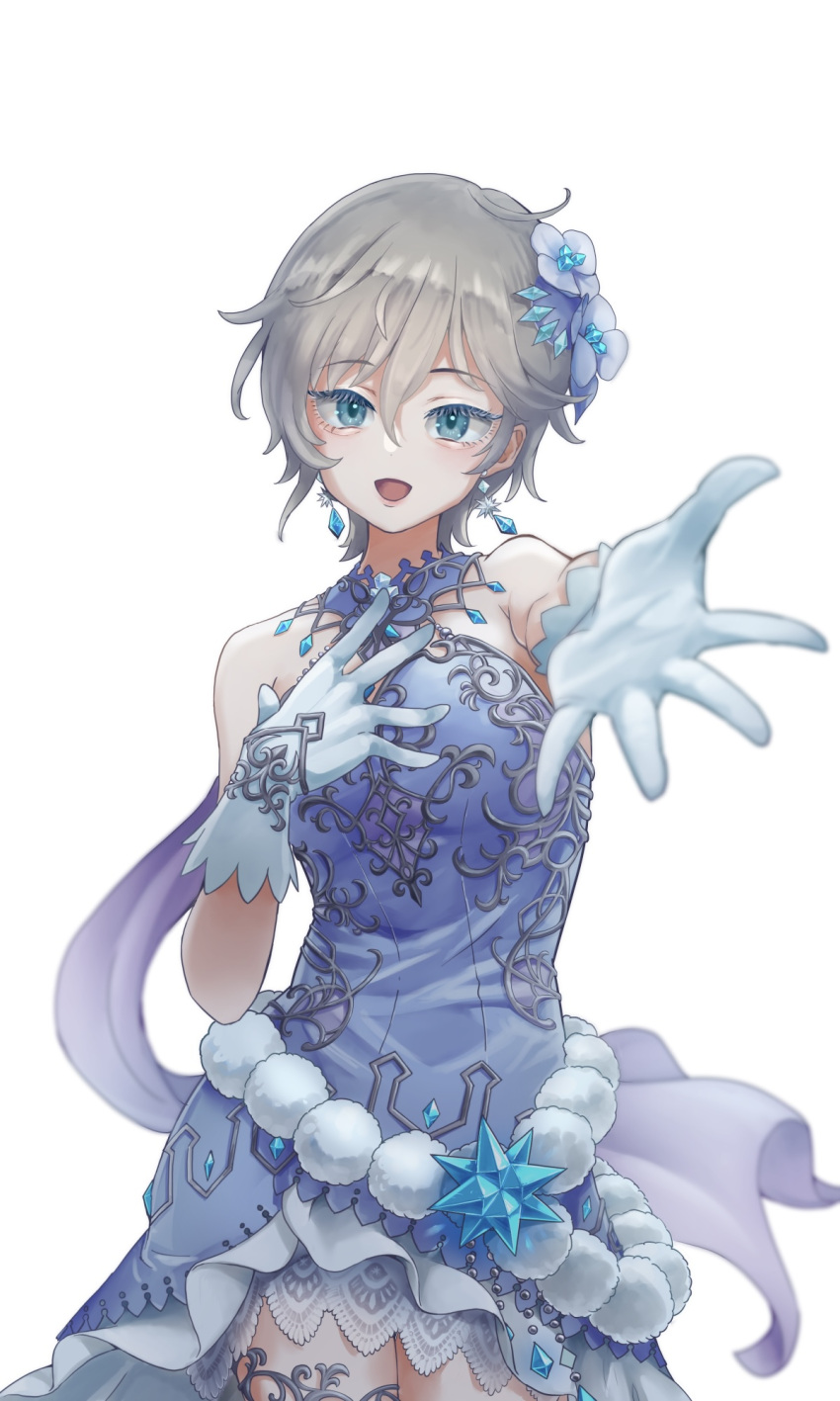 1girl :d anastasia_(idolmaster) bare_shoulders blue_dress blue_eyes blue_flower blue_gloves commentary_request dress earrings flower gloves hair_flower hair_ornament highres idolmaster idolmaster_cinderella_girls idolmaster_cinderella_girls_starlight_stage jewelry momohal open_mouth outstretched_hand short_hair silver_hair simple_background sleeveless sleeveless_dress smile solo white_background