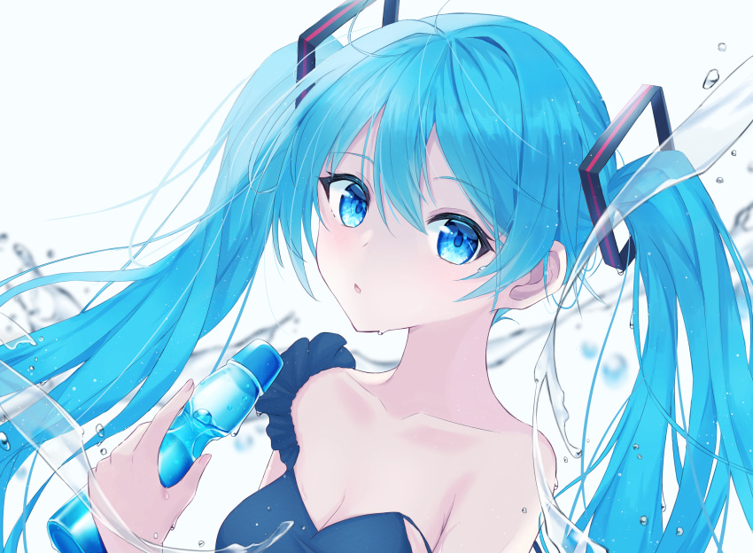 1girl :o absurdres bare_shoulders blue_eyes blue_hair blurry bottle breasts cleavage collarbone commentary cup eyebrows_visible_through_hair eyelashes frilled_armband hair_between_eyes hair_ornament hatsune_miku highres holding holding_bottle holding_cup lex_suri12 long_hair looking_at_viewer open_mouth ramune simple_background solo twintails upper_body vocaloid watercraft white_background