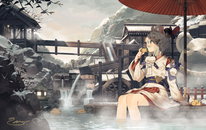 1girl 2020 animal_ears bangs bell capybara cheese food hair_bell hair_ornament hair_ribbon holding holding_food japanese_clothes jingle_bell kimono kinshi leaf looking_to_the_side mountain mouse mouse_ears mouse_girl multicolored_clothes new_year obi onsen open_mouth original outdoors red_eyes ribbon rope sash shimenawa short_hair sitting sky snow soaking_feet solo statue water watermill white_hair wooden_bridge
