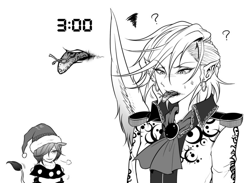 2girls ? angel_wings anger_vein animal_ears armor bangs brooch cherry_stem_knot collared_shirt commentary doremy_sweet earrings eyebrows_visible_through_hair greyscale hair_between_eyes hat jewelry kishin_sagume knot legacy_of_lunatic_kingdom monochrome multiple_girls neckwear_request open_mouth pauldrons pointy_ears pom_pom_(clothes) ryuuichi_(f_dragon) santa_hat shirt shoulder_armor simple_background single_wing smug squiggle sweatdrop symbol-only_commentary tail tapir_ears tapir_tail timestamp tongue tongue_out tongue_tattoo touhou white_background wings