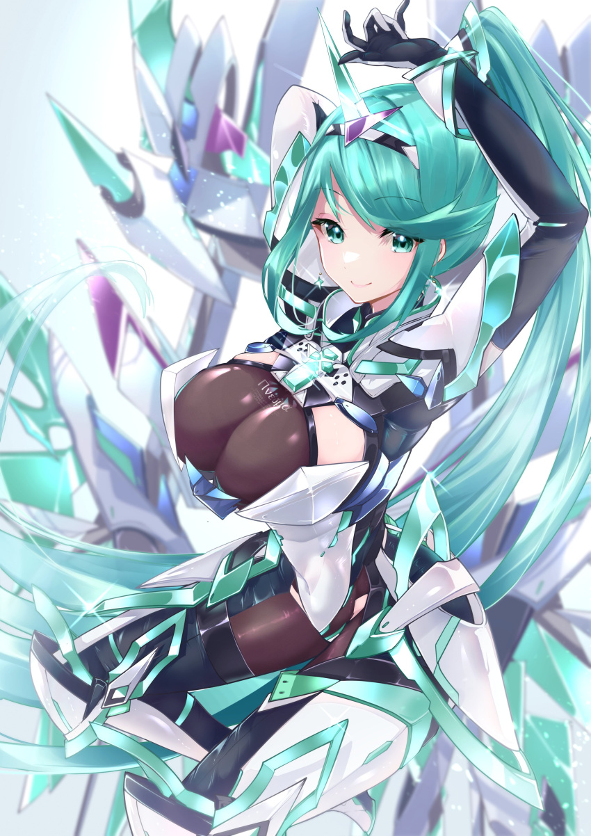 1girl absurdres bangs breasts chest_jewel earrings gloves greek_text green_eyes green_hair high_heels highres jewelry large_breasts long_hair pneuma_(xenoblade) ponytail risumi_(taka-fallcherryblossom) solo swept_bangs tiara very_long_hair xenoblade_chronicles_(series) xenoblade_chronicles_2