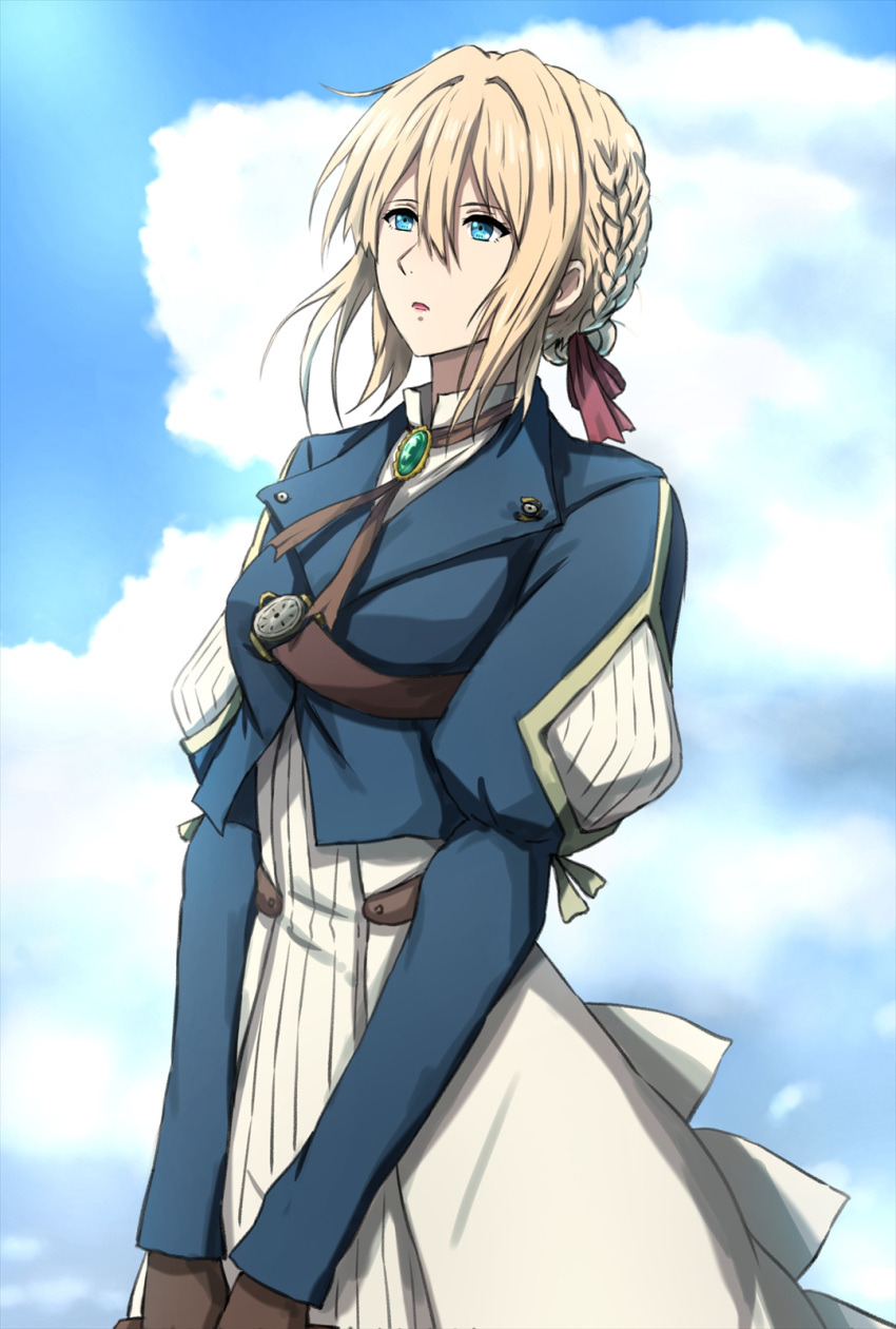 1girl blonde_hair blue_eyes blue_jacket blue_sky breasts brown_gloves cloud commentary_request cropped_jacket dress gloves green_brooch hair_ribbon highres jacket juliet_sleeves long_sleeves looking_away medium_breasts omachi_(slabco) parted_lips puffy_sleeves red_ribbon ribbon short_hair sky solo violet_evergarden violet_evergarden_(series) white_dress