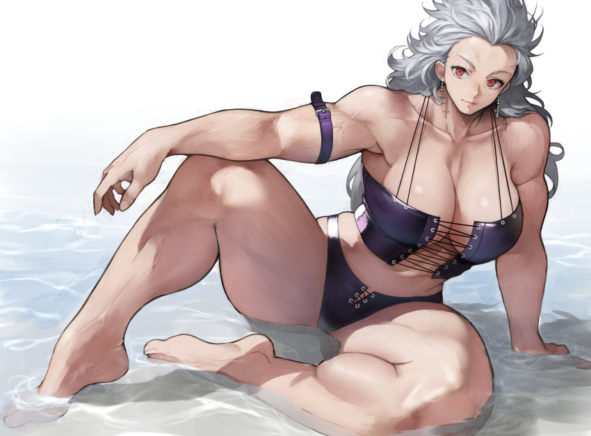 1girl absurdres bangs bare_shoulders breasts cleavage collarbone dorohedoro grey_hair highres large_breasts long_hair looking_at_viewer muscular muscular_female noi_(dorohedoro) red_eyes sitting solo yoshio_(55level)