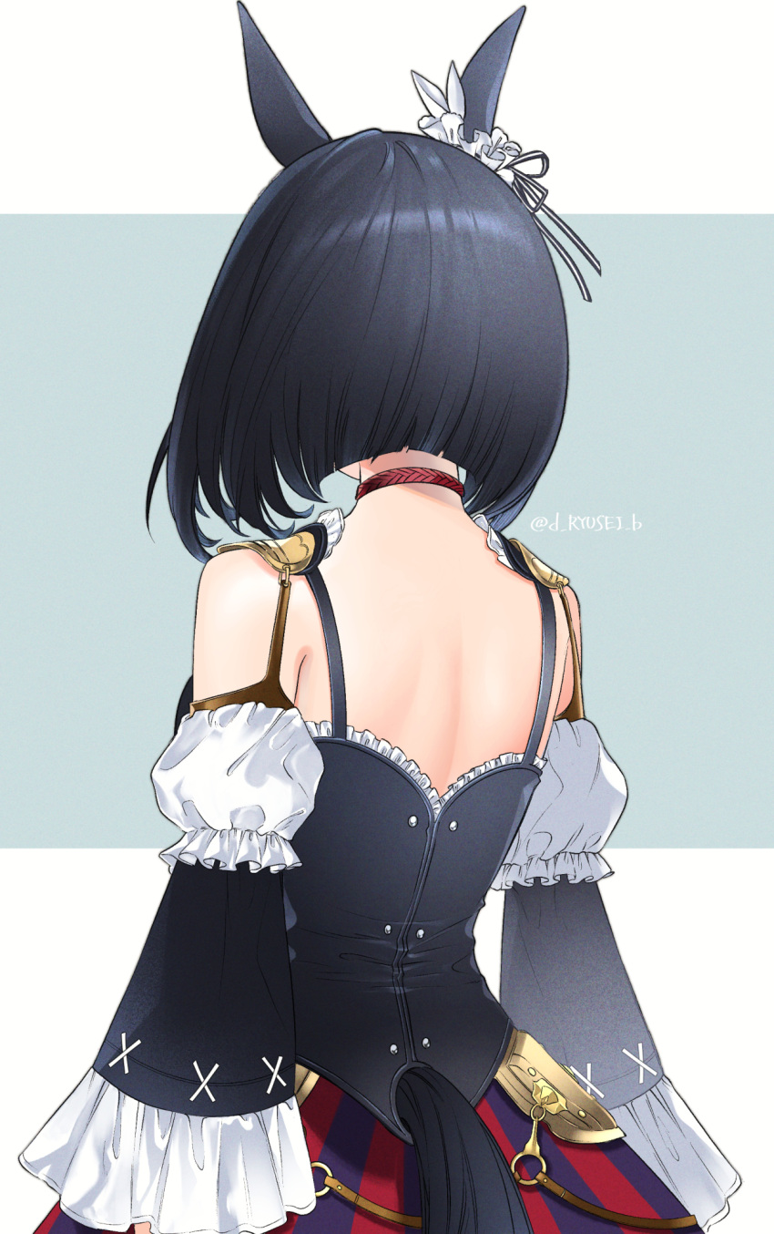 1girl animal_ears armor arms_at_sides bare_shoulders black_hair bob_cut choker clothing_cutout colored_stripes cowboy_shot detached_sleeves eishin_flash_(umamusume) faulds frilled_sleeves frills from_behind highres horse_ears horse_girl horse_tail long_sleeves puzzle157xxx red_choker short_hair shoulder_armor skirt solo striped striped_skirt tail tail_cutout twitter_username two-tone_background umamusume vertical-striped_skirt vertical_stripes