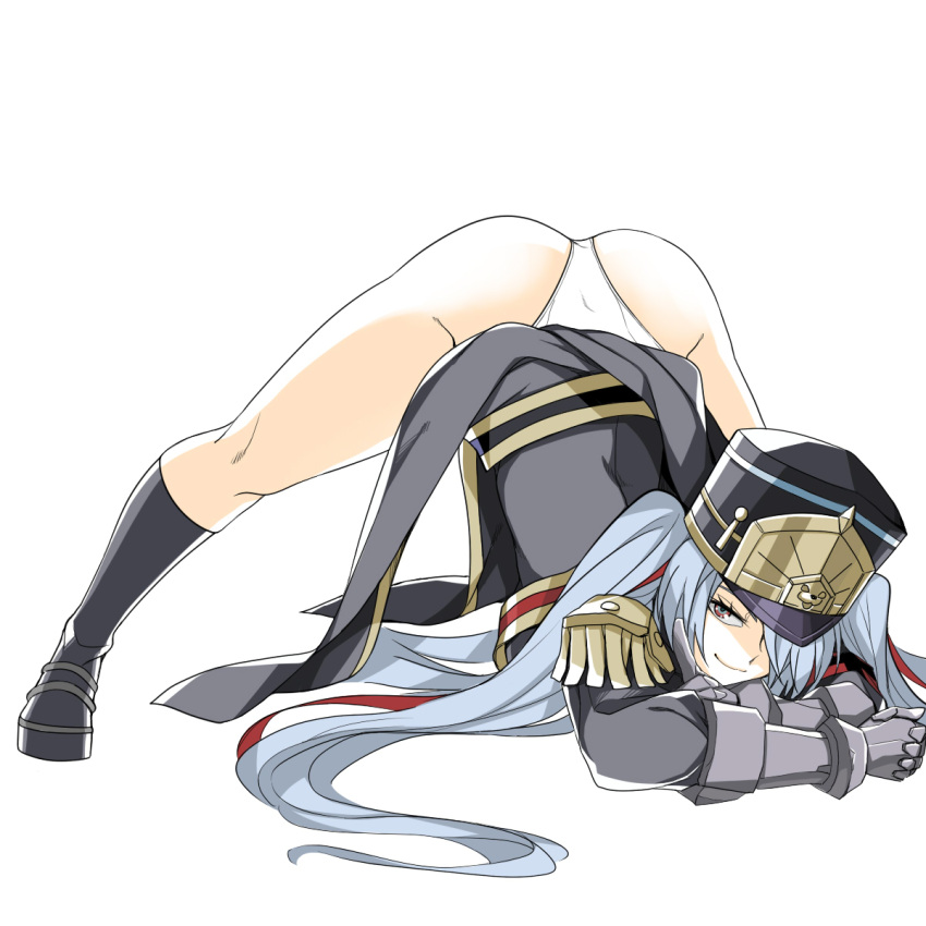 1girl altair_(re:creators) ass dos_(james30226) gauntlets gloves hair_between_eyes hat highres jack-o'_challenge long_hair looking_at_viewer military military_uniform panties pose re:creators red_eyes shako_cap silver_hair simple_background smile solo spread_legs top-down_bottom-up twintails underwear uniform very_long_hair white_background white_hair