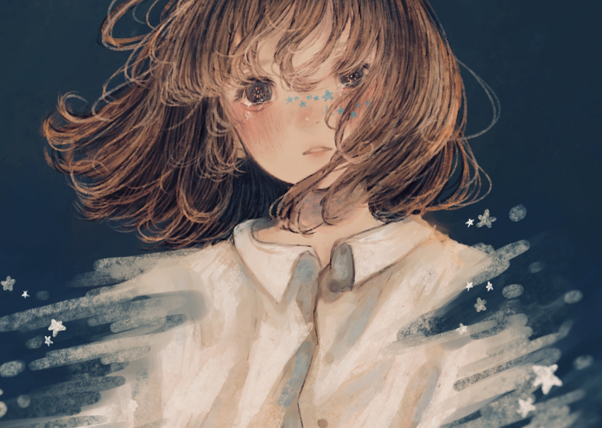 1girl abstract black_eyes brown_hair collared_shirt crying floating_hair highres looking_at_viewer orie_h original parted_lips shirt short_hair simple_background smudge solo star_(symbol) tears upper_body white_shirt