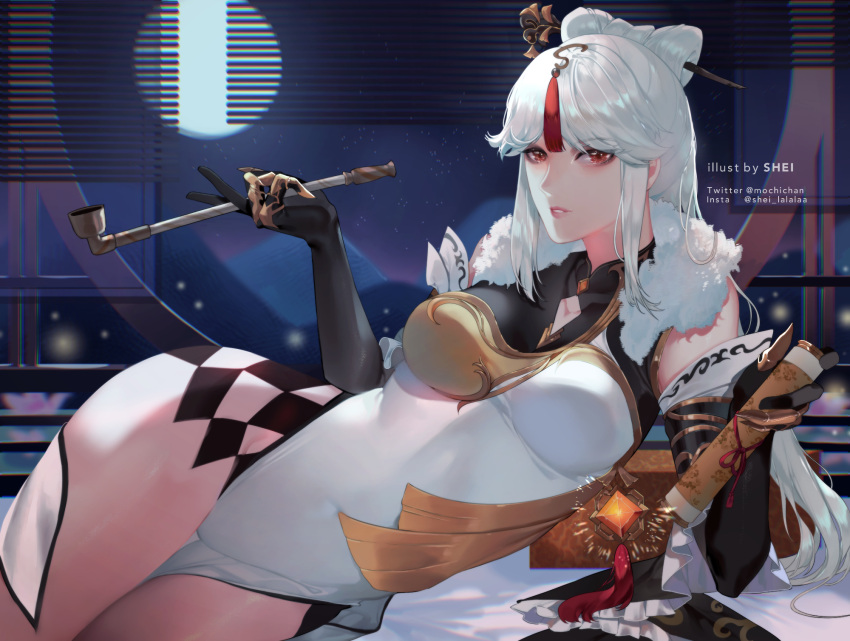 1girl bangs black_gloves breasts commentary detached_sleeves dress english_commentary eyebrows_visible_through_hair full_moon genshin_impact gloves halter_top halterneck highres instagram_username large_breasts lips long_hair looking_at_viewer lying moon night night_sky ningguang_(genshin_impact) on_side pipe red_eyes round_window shei99 sky smoking solo tied_hair twitter_username vision_(genshin_impact) white_dress white_hair window