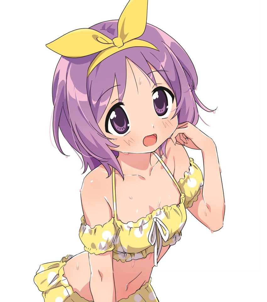 1girl :d bangs bare_shoulders bikini bikini_skirt blush bow bow_hairband breasts collarbone commentary_request detached_sleeves dripping eyebrows_visible_through_hair hairband hand_up happy highres hiiragi_tsukasa hotaru_iori ichimi_renge leaning_forward linea_alba looking_at_viewer lucky_star medium_hair navel open_mouth polka_dot polka_dot_bikini purple_eyes purple_hair second-party_source short_sleeves simple_background small_breasts smile solo split_mouth swimsuit tareme water_drop wet wet_hair white_background yellow_bikini yellow_bow yellow_hairband yellow_sleeves