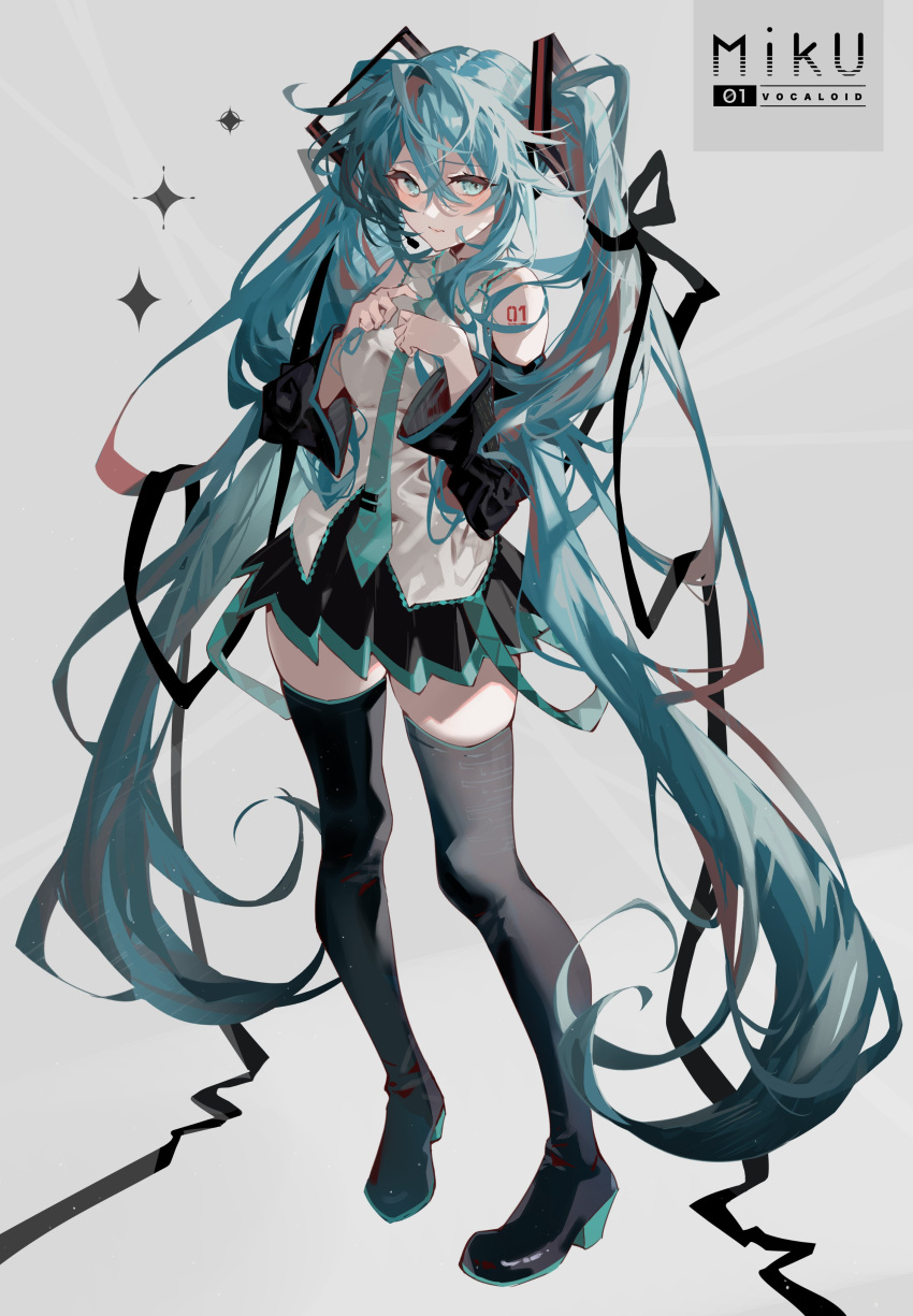 1girl absurdres aqua_eyes aqua_hair arutera banned_artist bare_shoulders black_legwear black_skirt blue_eyes blue_hair blush breasts closed_mouth commentary detached_sleeves full_body grey_background hair_ornament hatsune_miku high_heels highres long_hair looking_at_viewer necktie pleated_skirt shirt shoulder_tattoo simple_background skirt smile solo standing tattoo thighhighs twintails very_long_hair vocaloid wide_sleeves