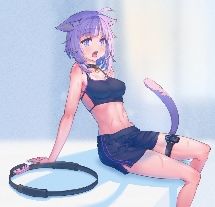 1girl absurdres ahoge animal_ears arm_support bangs bare_arms bare_shoulders black_shorts blunt_bangs blurry blurry_background blush breasts buckle cat_ears cat_girl cat_tail cleavage collar commentary_request cucumbear073 depth_of_field eyebrows_visible_through_hair feet_out_of_frame heavy_breathing highres hololive joy-con leaning_back looking_at_viewer medium_breasts navel nekomata_okayu open_mouth purple_eyes purple_hair ring-con ring_fit_adventure short_hair shorts side_slit sitting solo sports_bra stomach sweat tail thigh_strap toned virtual_youtuber