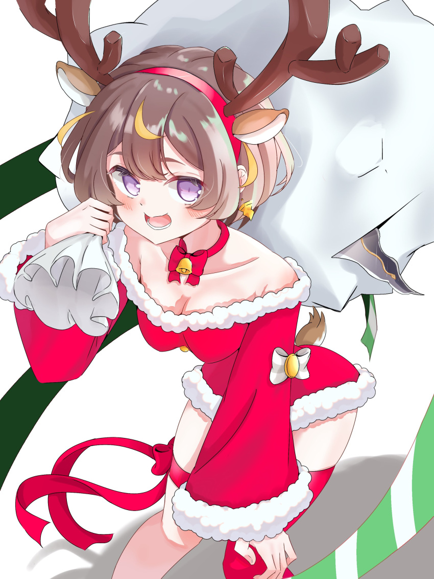 1girl :d absurdres animal_ears antlers anya_melfissa bare_shoulders bell blonde_hair blunt_bangs bob_cut bow bowtie brown_hair deer_ears deer_tail dress earrings feet_out_of_frame fur_trim hairband hand_on_own_knee highres holding holding_sack hololive hololive_indonesia horns jewelry kris_(weapon) looking_at_viewer maaru_(jatjem1vy6nok0o) microdress multicolored_hair neck_bell off-shoulder_dress off_shoulder open_mouth purple_eyes red_bow red_bowtie red_dress red_hairband red_ribbon reindeer_antlers ribbon ripping sack santa_costume santa_dress short_hair smile streaked_hair tail white_background white_bow white_bowtie