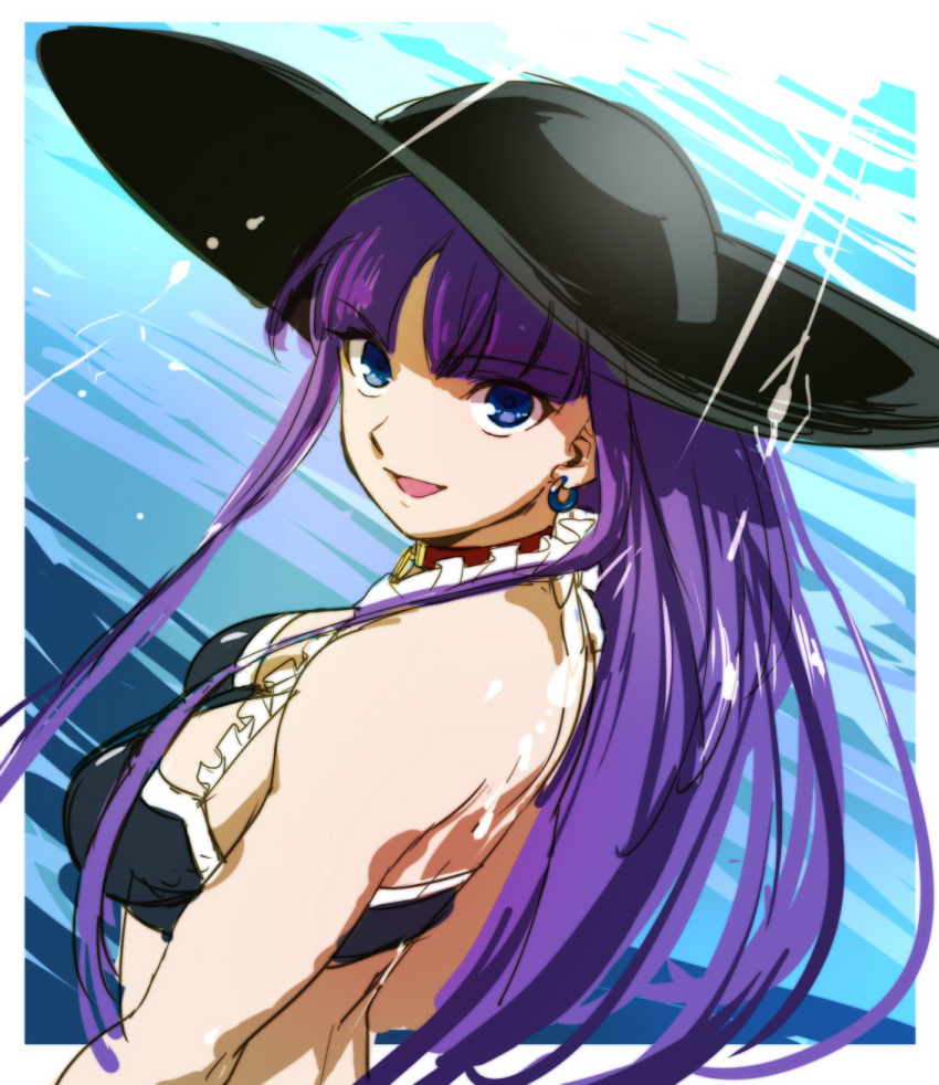 1girl aoba_(smartbeat) bangs bare_shoulders bikini black_bikini black_headwear blue_eyes blue_sky blunt_bangs breasts choker cleavage collarbone earrings fate/grand_order fate_(series) hat highres jewelry large_breasts light_rays long_hair looking_at_viewer martha_(fate) martha_(swimsuit_ruler)_(fate) open_mouth purple_hair sky smile solo sun_hat swimsuit