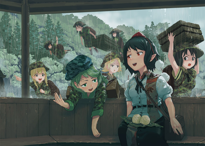 6+girls army bag bangs black_hair black_skirt blonde_hair breasts camouflage camouflage_headwear camouflage_jacket crate forest green_eyes green_hair green_headwear hand_up hat jacket kappa_mob_(touhou) leaf_print long_sleeves looking_at_another looking_to_the_side medium_breasts misohagi multiple_girls nature open_mouth outdoors pointing pointy_ears pom_pom_(clothes) puffy_short_sleeves puffy_sleeves rain red_eyes shameimaru_aya short_sleeves sitting skirt talking tokin_hat touhou tree twintails water_drop yamashiro_takane