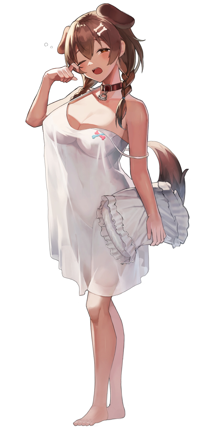 1girl absurdres alternate_costume animal_collar animal_ears bare_legs barefoot blush bone_hair_ornament braid breasts brown_hair cleavage collar commentary covered_navel dog_ears dog_girl dog_tail dress extra_ears fangs full_body hair_between_eyes hair_ornament half-closed_eye highres hiragi_sage holding holding_pillow hololive inugami_korone large_breasts long_hair looking_at_viewer nightgown no_bra no_panties one_eye_closed open_mouth pillow red_collar red_eyes see-through side_braids simple_background sleepy sleeveless sleeveless_dress solo standing strap_slip tail tearing_up tears teeth twin_braids upper_teeth virtual_youtuber waking_up white_background white_dress wiping_tears